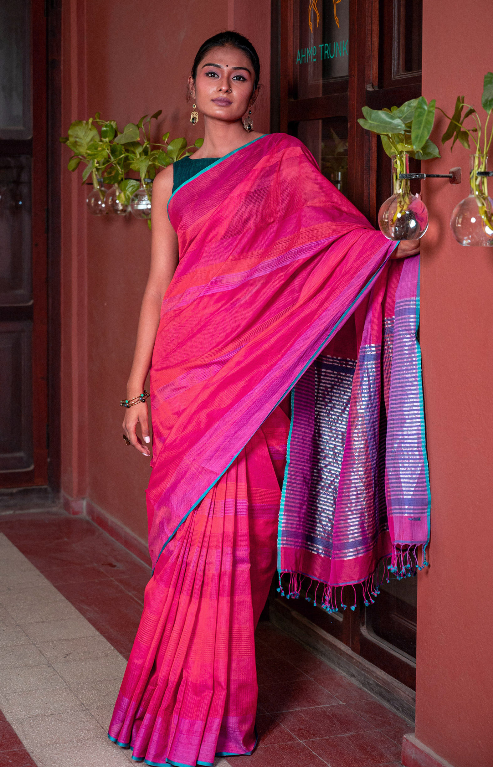 Pink, Handwoven Organic Cotton, Multi Textured Weave , Jacquard, Work Wear Saree